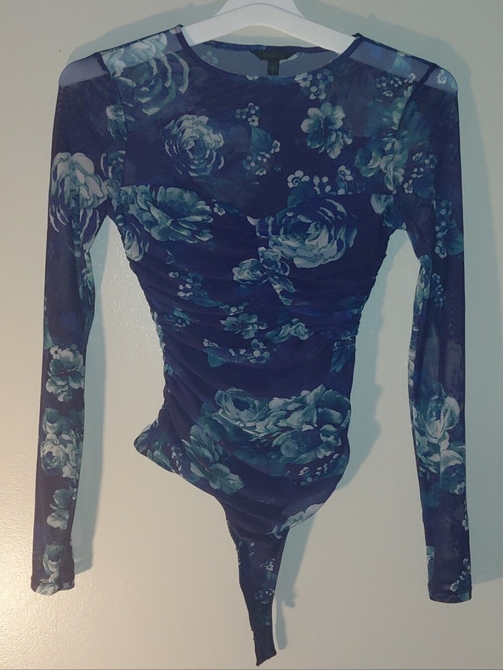 Floral Mesh Long-Sleeve Bodysuit - Blue